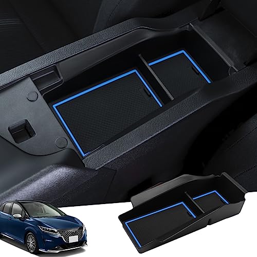 Auovo(ノート e-POWER E13/ SNE13型&オーラ FE13型)専用 内蔵型コンソールボックス 収納トレイ ラバーマット付き 小物入れ コインケース 装着簡単 カスタムパーツ 滑り止め 整理便利 清潔感 騒音軽減 (ブルー)