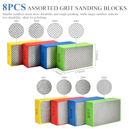 Milkary 8Pcs Diamond Hand Polishing Pads, 60#,100#,200#,400# Grit Diamond Sanding Pads, Sanding Blocks For Ceramic Tile Glass Concrete Stone Marble Grinding Polishing thumb #1