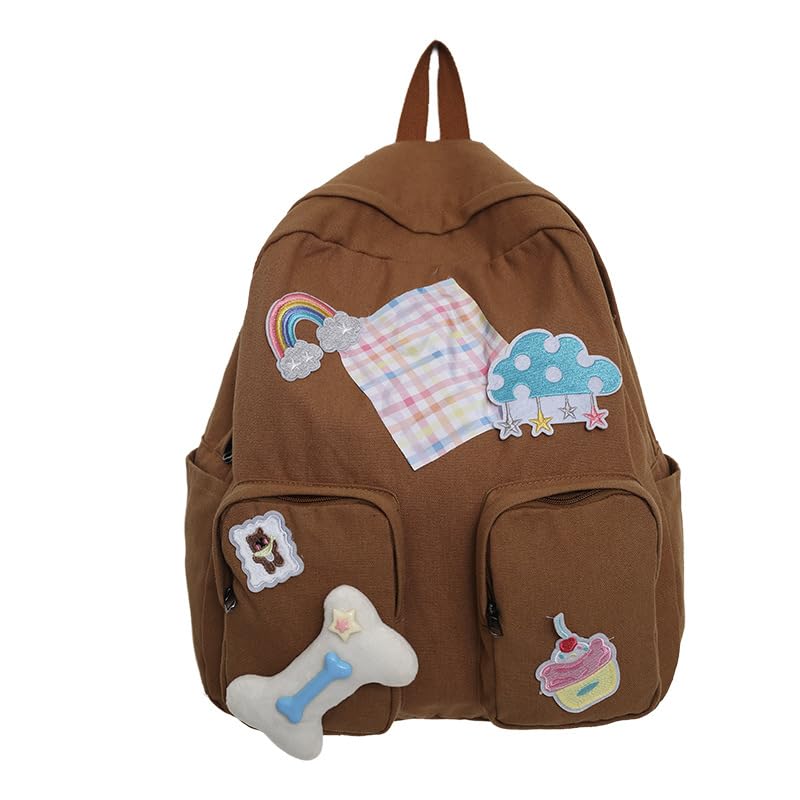 Coquette Backpack Cute Shoulder Bag(Patchwork Design) – Y2k Canvas Kawaii Daypack Preppy Bookbag Cottagecore (Brown)