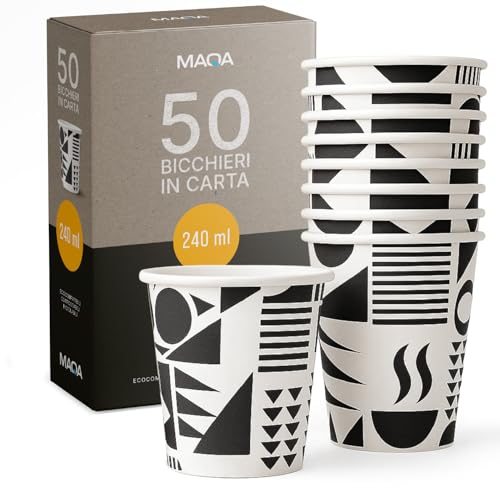 MAQA - 50 Bicchieri Acqua in Carta Da 240 ml, Biodegradabili Monouso -Made in Italy- Bicchieri Carta per Bevande Calde o Fredde, Ideali Per Asporto, Ufficio, Bar, Hotel, Riciclabili