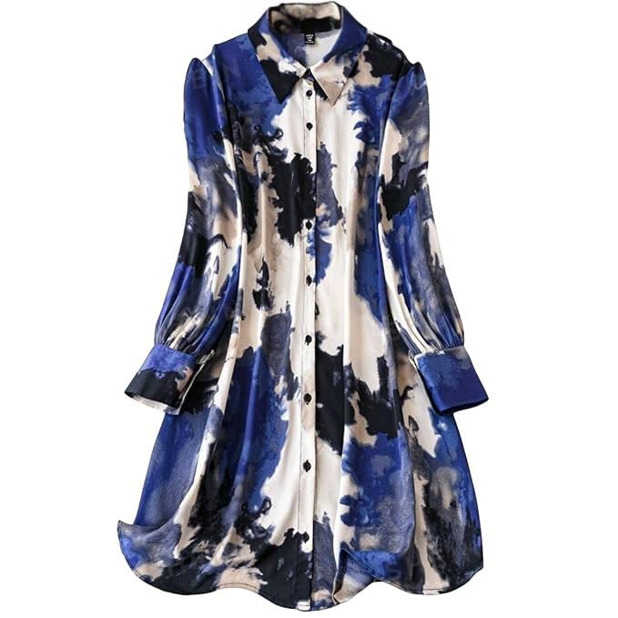 Gufrina Women's Full Sleeve Collar Neck Dress - Stylish Button-Down Floral Print Midi Dress (Blue Xxl)