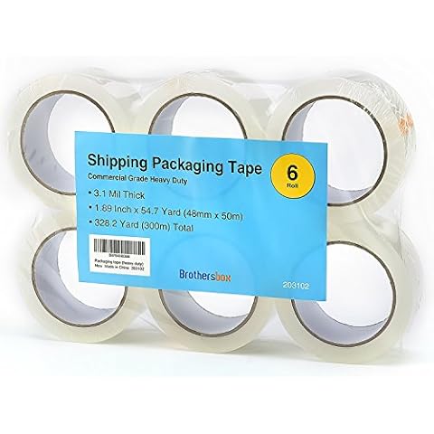 BBX Brothersbox Heavy Duty Shipping Packaging Tape, Sealing Adhesive Tape for Moving Shipping Office and Storage, 3.1 mill x 1.88inches x 60 Yards per Roll Pack of 6, Clear Packaging Tape Cover
