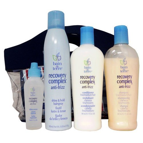 Bain De Terre Anti-Frizz Hair Products for Fine/Medium Hair in a Carry Along Pouch and Clear Tote Bag.