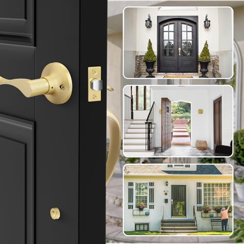 Image of Haidms Gold Front Door Handle, Entry Door Handleset No Lock, Exterior Door Handle with Reversible Handle Lever, Single Cylinder,Lower Half Lever for Left & Right Hand Door