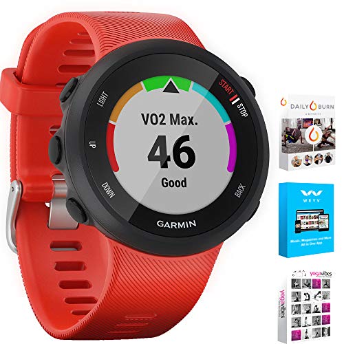 Garmin 010-N2156-06 Forerunner 45 GPS Heart Rate Monitor Running Smartwatch (Lava Red) - (Renewed) Bundle with Fitness & Wellness Suite (WEYV, Yoga Vibes, Daily Burn)