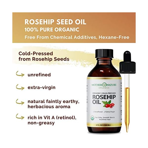 Rosehip-Oil-USDA-Certified-Organic-100-Pure-Cold-Pressed-Unrefined-Carrier-Oil-for-Men-Women-4oz-Natural-Anti-Aging-Moisturizer-for-Face-Hair-Skin-Nails-Non-GMO Rosehip Oil - 100% Pure Organic Certified, Cold Pressed & Unrefined Carrier Oil For Face, Hair & Skin, Great For Fine Lines, Wrinkles & Facial Oil (4 Oz)