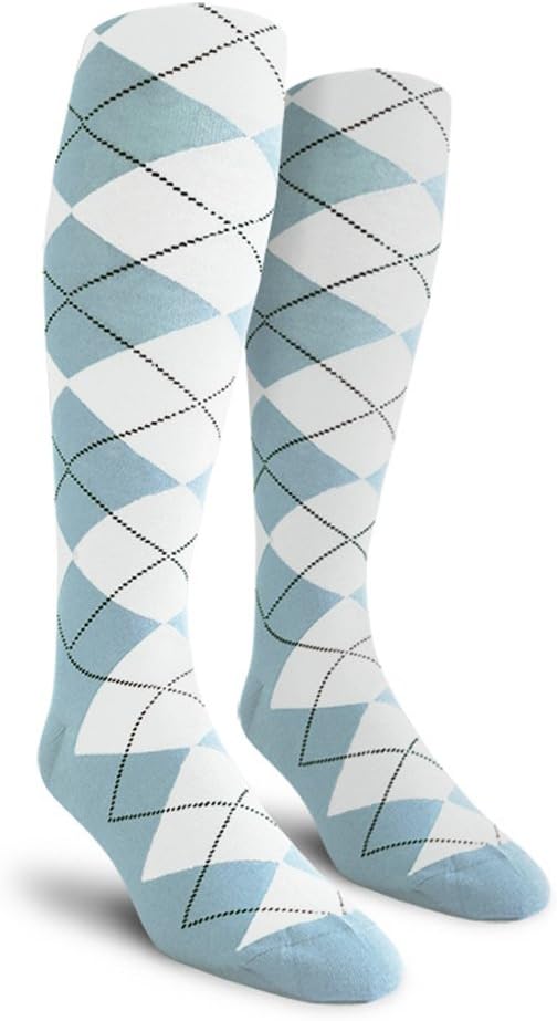 Colorful Knee High Argyle Cotton Socks For Men Women and Youth - Light Blue/White - Youth