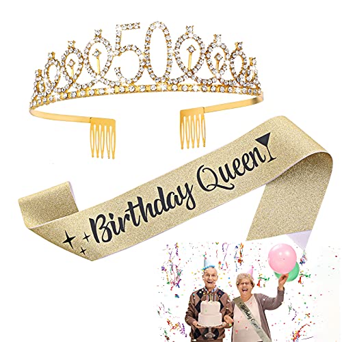 ASTER Kit de diadème « Birthday Queen 50th Birthday » - Écharpe et couronne en strass - Cadeau d'anniversaire pour femme - Cadeau d'anniversaire 50 ans