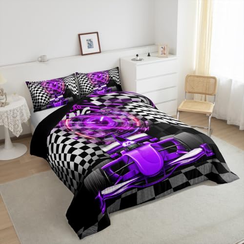 Image of Feelyou Kids Race Car Bedding Set Full Size, Purple Racing Car Comforter Set Boys Girls Karting Road Duvet Insert Teens Bedroom Decor with 2 Pillow Case