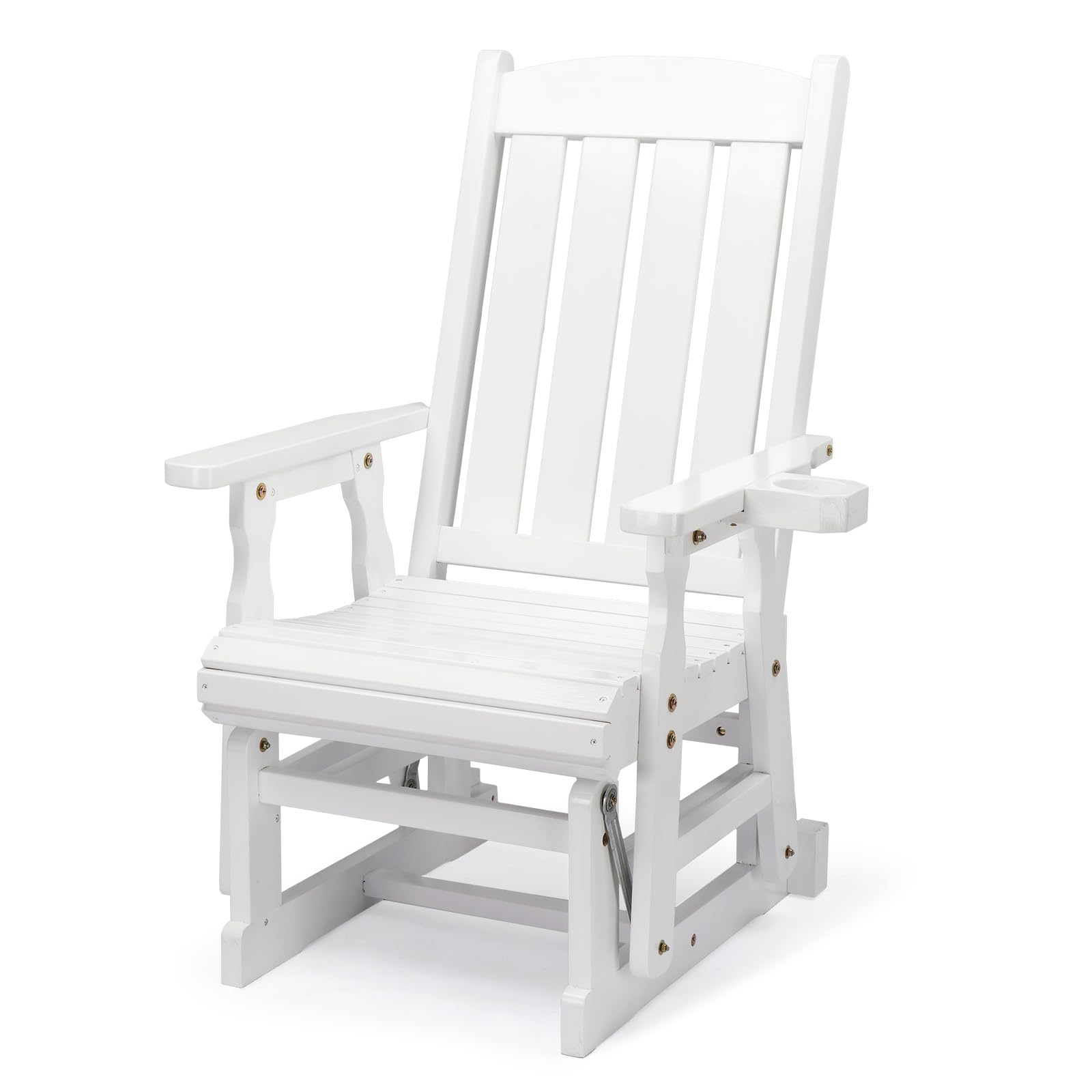VINGLI Wooden Patio Glider in white, placed on a green lawn with a wooden fence and tree in the background.