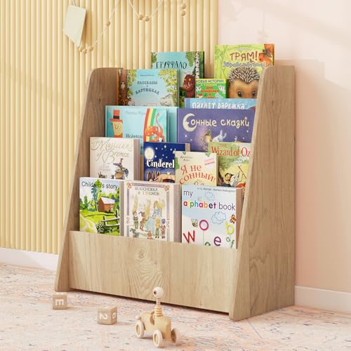 KOTEK 4-Tier Kids Bookshelf, Wooden Book & Magazine Storage Rack with Deep Compartments, Single-Sided Display Shelf for Toddlers, Small Book Shelf for Kids Room, Nursery, Classroom (Natural)