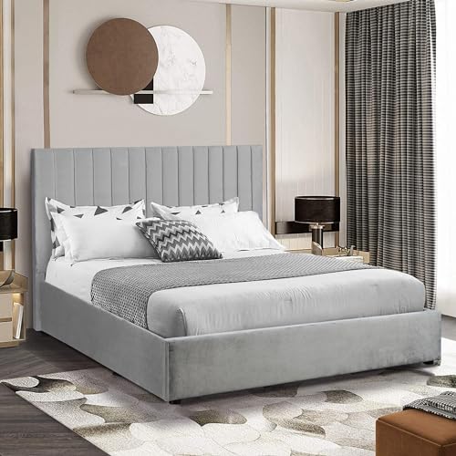 Ottoman Small Double Bed Frame, Upholstered Gas Lift Up Bed Frame with Storage, Ottoman Storage Bed with Gas Lift End Opening Wooden Slats, (4ft Grey Small Double, No Mattress Included)