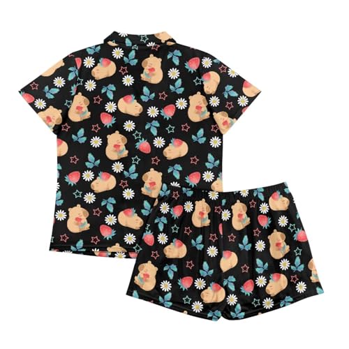 Image of Women's Short Sleeve Sleepwear Button 2 Piece Plus Size Pajamas Casual Soft Stretchy Funny Nightwear with Pockets