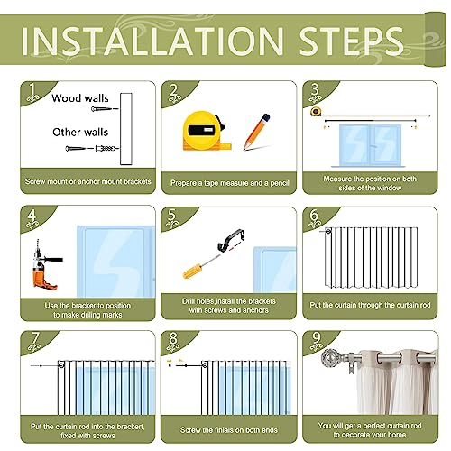 Tangwin NETTED TEXTURE CURTAIN RODS 2 Pack Silver Curtain Rods For Windows 28 To 48 Inch(2.3-4Ft),1 Inch Adjustable Curtain Rod,Heavy Duty Curtain Rods,Netted Texture Finials Drapery Rods,Single Window Curtain Rod 18-45",Nickel thumb #7
