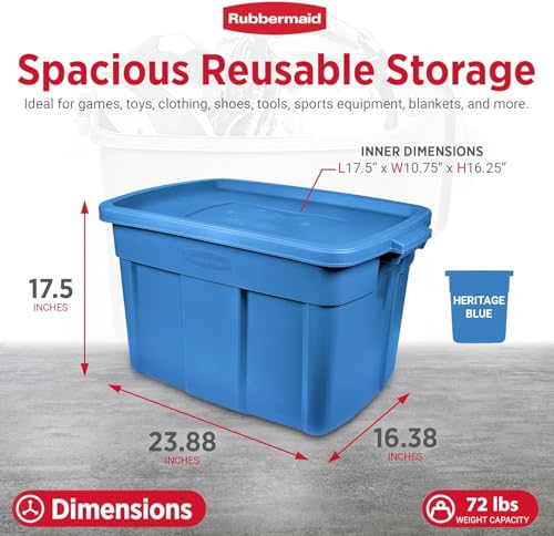Image of Rubbermaid Roughneck Tote 18 Gal, 10 Pack, Made in USA, Heritage Blue, Rugged Plastic Stackable Storage Bins with Lids and Handles