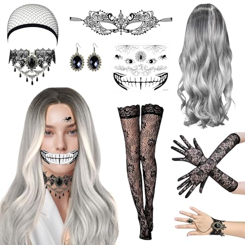 Perücke Halloween Damen 9er Set 70cm Halloween Perücke Damen Grau mit Haarnetz Spitzenhandschuhe Socken Spitze Maske Gotisch Halskette Armbänder Tattoo Aufkleber und Gothic ohrringe.