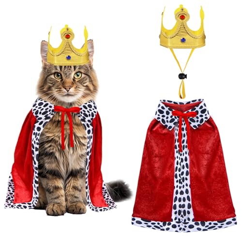 GOYOSWA Cat Halloween Costumes, Pet Cat King Costume King Red Cloak Golden Crown Set Halloween King...