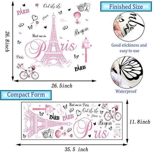Pink Paris Wall Stickers Bicycle Hot Air Balloon Eiffel Tower Wall Decals Peel and Stick Paris Tower Decor Wall Art Sticker for Bedroom Living Room Sofa Backdrop TV
