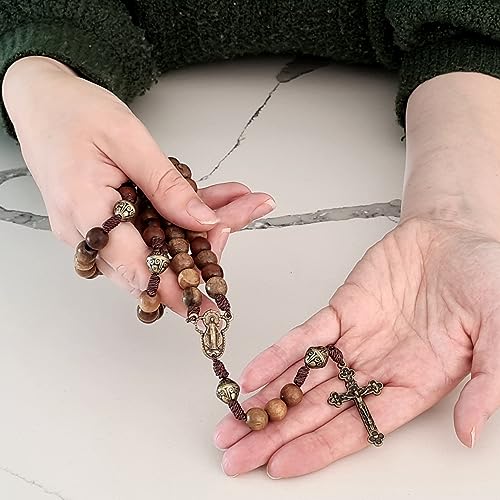 Alexander Castle Our Father Solid Wooden Rosary Beads (Handmade - Brazilian Walnut) with Miraculous Medal Junction - Comes in Velour Gift Pouch2