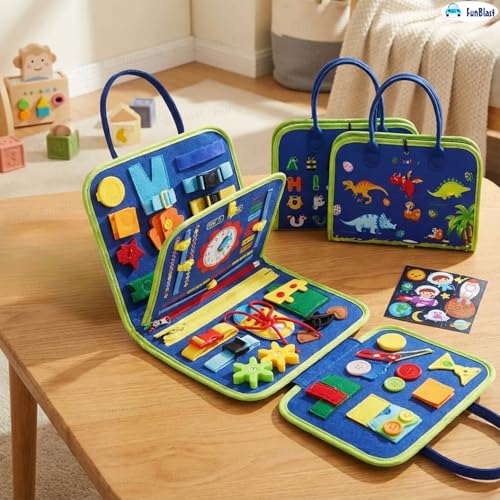 Image of FunBlast 12 in 1 Toddler Busy Binder & Busy Book for Toddlers 1-3 Years - Montessori Busy Board & Activity Book for Kids 2-4 - Educational Busy Book for Learning (Dinosaur)