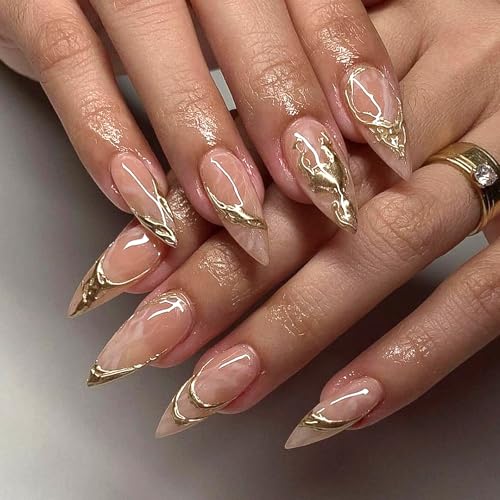 Gold Stamping 3D Press on Nails Short Almond Fake Nails with Irregular Metal Line Designs Glossy Stick on Nails Gel Nail Tips Full Cover Glue on Nails for Coquette Women Girls 24Pcs