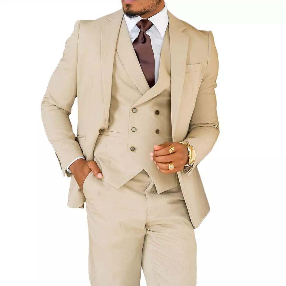 Men Beige Ivory Wedding Notch Lapel Tuxedo Groomsmen Slim Fit Blazer Vest Pant 3-Pieces Suit