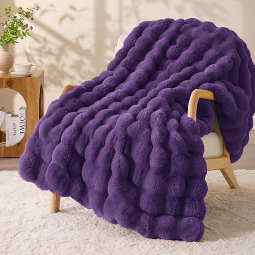 Image of BEDELITE Faux Fur Throw Bubble Blanket for Couch, 60 inch x 80 inch, Purple | 870GSM Soft Cozy Plush Blanket for Sofa & Bed Living Room Decor, Warm Fuzzy Faux Rabbit Fur for Women Gift, All Season Use