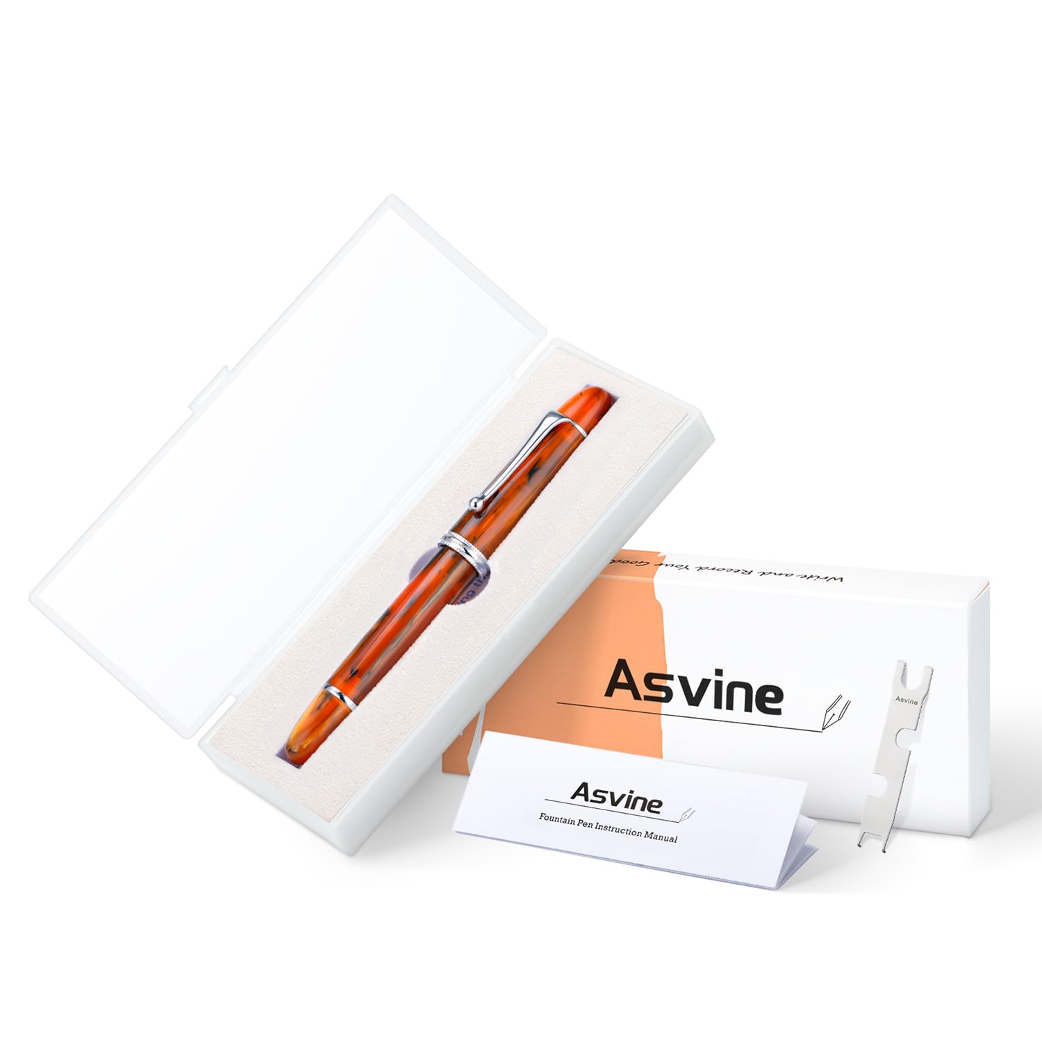Asvine V800 - Pluma estilográfica, sistema de llenado al vacío con gran capacidad de tinta, punta fina número 8, con estuche de regalo y llave, color ámbar