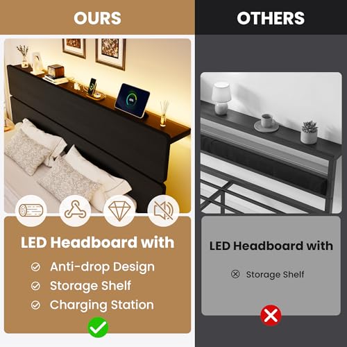 Image of SHA CERLIN King Size Bed Frame, Led Light, Charging Station, Storage Shelf | Wooden Headboard, Heavy Duty Slats Support, Metal Platform Bed, Under Bed Storage, No Box Spring Needed, Noise Free, Black