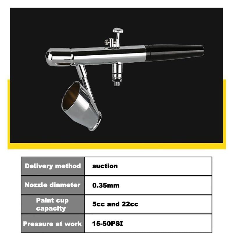 Pistolet do malowania, Zestaw pistoletu natryskowego Dual Kinetic Energy 0,35 mm Specjalny aerograf do kolorowania tatuażu i manicure Model dostarczany z trzema pojemnikami i rurką gazową
