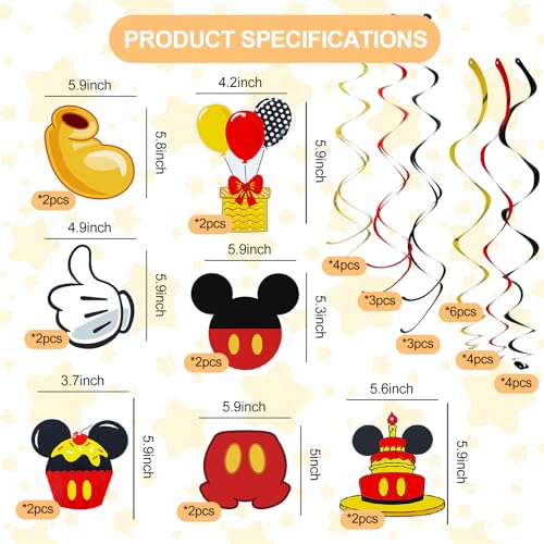 Image of Pre-Strung Red Yellow Birthday Hanging Swirl Decorations,Mouse Birthday Party Ceiling Streamers, Mouse Theme Party Supplies, Party Favors for Boys Kids(38 Pcs)