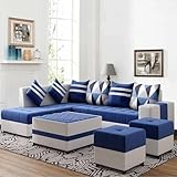 FURNY Stolan 8 Seater Fabric Sectional LHS L Shape Sofa Set with Centre Table & 2 Puffy (Blue-Light Grey)