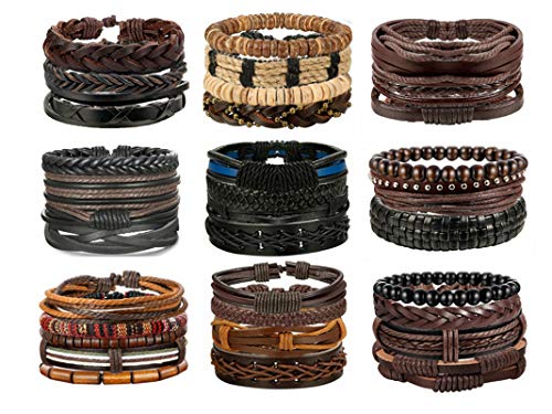 Adramata 33 Pcs Braided Leather Bracelets for Men Women Wrist Cuff Wrap Woven Bracelets Handmade Wooden Beaded Ethnic Tribal Linen String Bracelet Adjustable