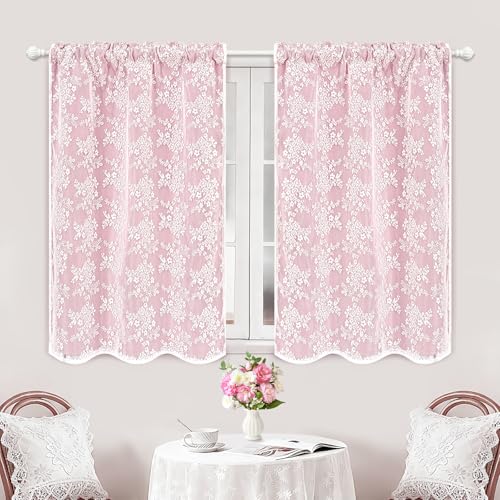 Image of Yinhua Pink Kitchen Curtains 36 Inch Length Double Layer Blackout Cafe Curtains with Floral Sheer Overlay Rod Pocket Short Curtain for Windows, Small Window Curtain for Bathroom, Living Room, 2 Panels
