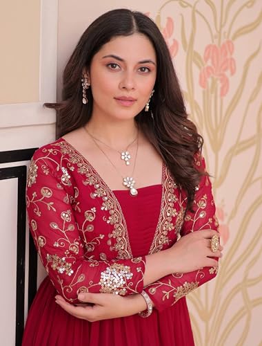 Image of FOXDX Womens Faux Georgette Sequence Embroidered Ankle Length Anarkali Gown for Women| Festival | Trending |