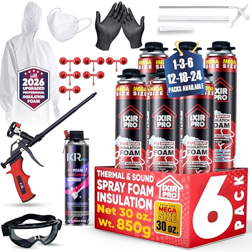 ixirpro Spray Foam Insulation Kit (6 PK Kit-30oz, 138 Board ft/sq.ft) Expanding Sealant, Spray Foam, Mega Size Closed Cell Heat Acoustic Insulation, High Density, Cleaner, Gun