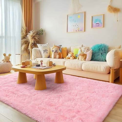 6x9 Fluffy Pink Area Rug - Soft Cute Shag Fuzzy Rug for Bedroom - Anti-Skid Living Room Girls Rug Pink Home Decor