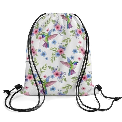 Cute Floral Hummingbird Flowers Drawstring Bag for Adults, Novelty Men Women Lightweight Waterproof Draw String Backpack for Travel, Hiking, 13.8x16.5 Inch2