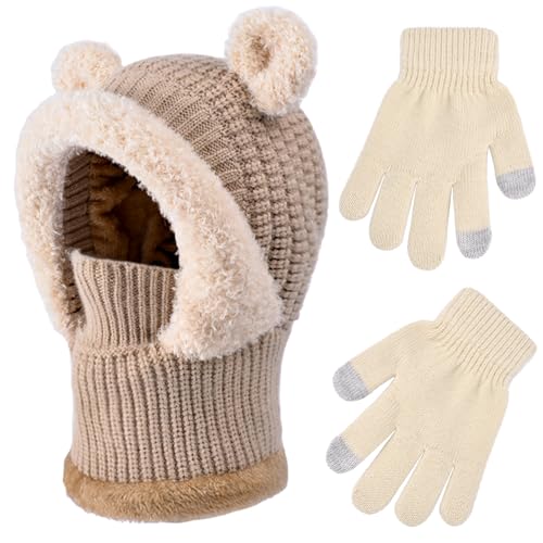 Image of Kids Winter Balaclava Windproof Hats Gloves Set 3-in-1 Fleece Lined Hooded Scarf & Face Mask for Ages 2-8
