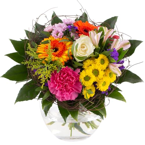 Blumenstrauß Farbenfroh, Bunte Blumen versenden, handgebunden mit 7-Tage-Frische-Garantie, Gerbera, Rosen, Nelken, Chrysanthemen und Inkalilien, Blumenversand