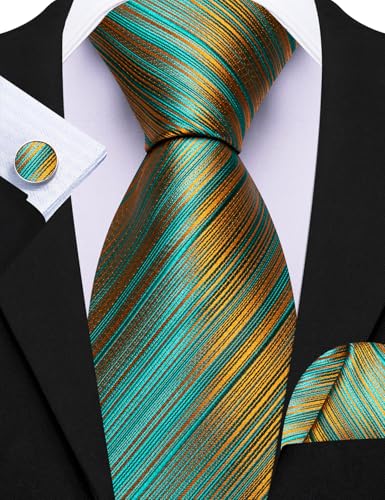Image of Barry.Wang Tie Sets for Men Silk Stripe Necktie Woven Checkered Handkerchief Cufflinks Formal Business Wedding