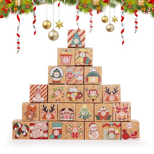 Christmas Advent Calendar Box, 24 Empty Advent Calendar Boxes to Fill Christmas Countdown Gift Box with Number Christmas DIY Gift Wrapping Decoration for Kids Adults Home Office