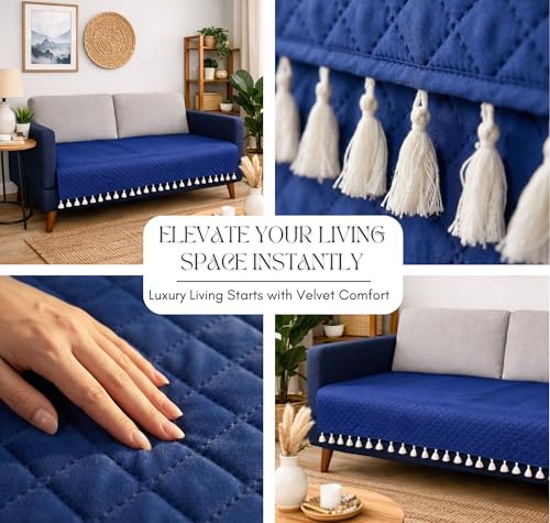Image of VAS COLLECTIONS 3 Seater Quilted Velvet Sofa Cover with Tassels | Soft Washable Sofa Protector for Living Room | Elegant Furniture Cover for Home Decor (Blue)