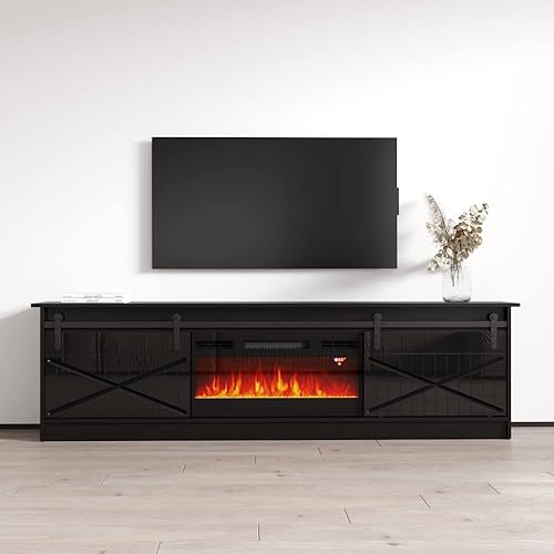 Miniatura 7 de Granero BL-EF - Soporte de TV con chimenea para televisores de hasta 90 pulgadas, moderno centro de entretenimiento de alto brillo de 79 pulgadas,
