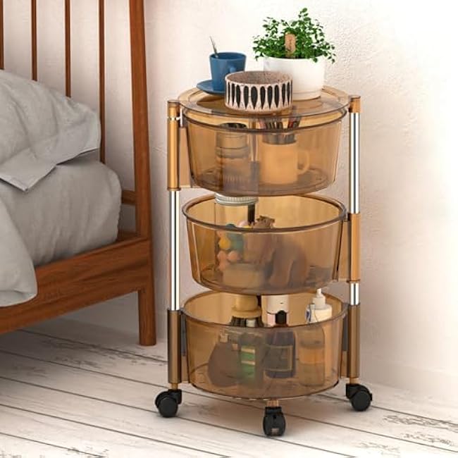 3-Tier Clear Rolling Storage Cart with Lockable Wheels and Rotating Basket, Mobile Shelving Unit Organizer for KitchenOrange,13.8 Dx23.6 H-nP3uD13V