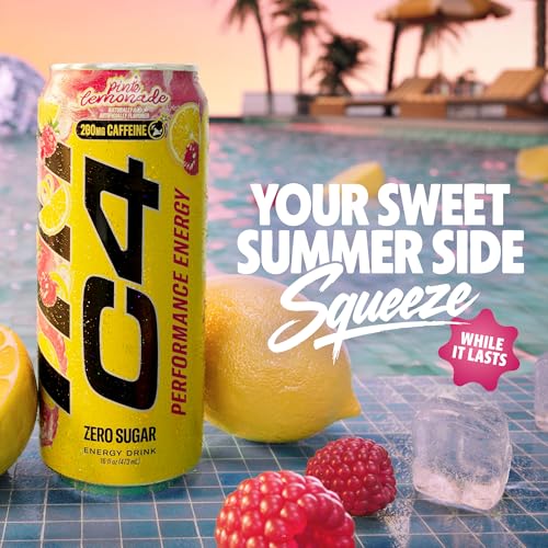 Image of C4 Performance Energy Drink, Pink Lemonade - Zero Sugar Carbonated Pre-Workout Energy, 200mg Caffeine with Beta Alanine, 16 Fl Oz Cans (12 Pack)