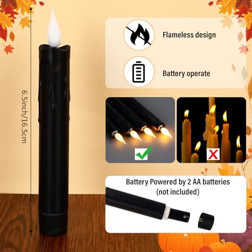 Image of 24 Pcs 6.5 Inch Black Flameless Taper Candles LED Candle Sticks Battery Operated Flickering LED Candlestick Window Plastic Candle for Wedding Halloween Christmas Decor(No Battery)