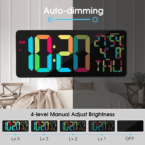 XREXS 18 Inch Large Digital Wall Clock, 10 RGB Color Changing, Date/Temp/Humidity Display, Auto Dimming Digital Clock for All Large Spaces Use