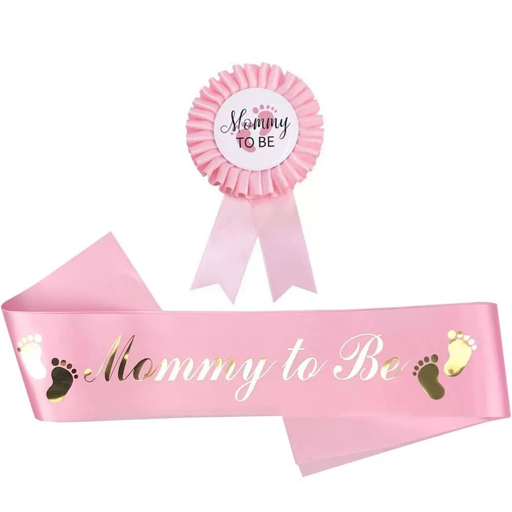 1pc Pink Mom to Be Sash with Gold Glitter Letters and Expecting Dad Badge Comes Ribbon, Decorations for Girl Gender Reveal Party Gift