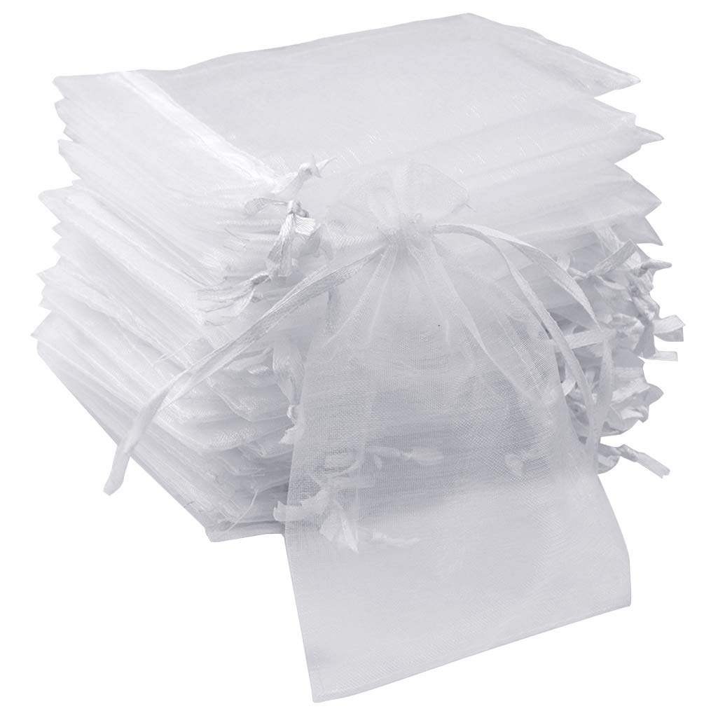 50pcs Organza Bags-Mix Color 3.54''x4.33''(9x11cm) Satin Drawstring Organza Pouch Wedding Party Favor Gift Bag Jewelry Watch Bags (White)